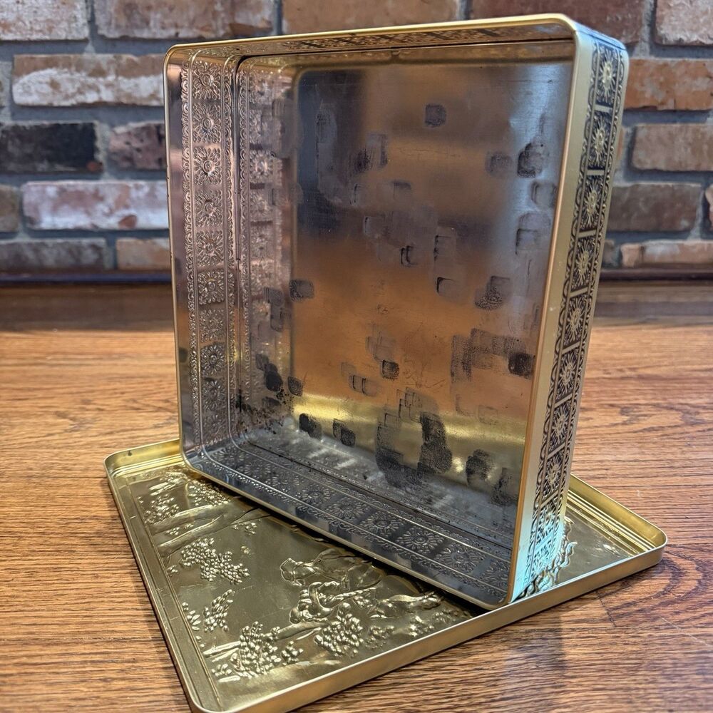 Vintage Biscuit Cookie Tin Box Gold Brass Tone Colonial Horse Riding Courting - Picture 3 of 5